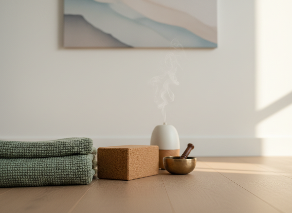 A tranquil corner designed for nervous-system regulation, completely empty of people: a thick, folded organic-cotton blanket in muted sage rests beside a cork yoga block and a small singing bowl on a pale oak floor. A ceramic aromatherapy diffuser emits a faint wisp of vapor, subtly backlit. The setting is framed by a white wall with a single abstract art print in soft blues and neutrals. Warm, diffused golden-hour light filters through an unseen window, casting elongated, gentle shadows. Photographic realism, low-angle perspective with the objects in sharp focus and background softened, creating a deeply calming, safe, and restorative mood aligned with holistic mind-body therapy.