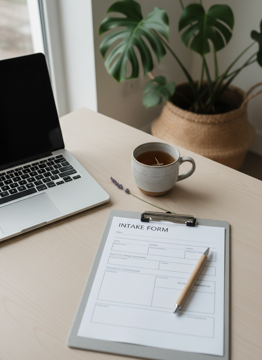 A minimal intake and booking scene without any human presence: a slim silver laptop sits slightly open on a pale birch desk, beside a stoneware cup of herbal tea and a single sprig of lavender. A printed intake form with clean typography rests on a soft grey clipboard, accompanied by a simple wooden pen. In the background, slightly out of focus, a potted monstera and a woven floor basket add organic texture. Soft overcast daylight from a nearby window creates even, shadowless illumination. Photographic realism, slightly angled top-down view, uncluttered composition, projecting ease, clarity, and a gentle, low-stress approach to starting holistic counselling.