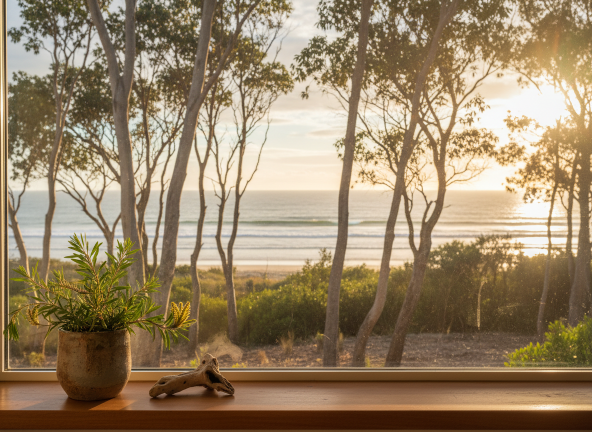 A serene Sunshine Coast-inspired landscape viewed from the perspective of a therapy space window, with no people: sunlit eucalyptus trees frame a distant glimpse of calm, shimmering ocean, with gentle waves and a soft blue horizon. In the foreground, the interior window ledge holds a small textured pottery planter with native greenery and a smooth piece of beach driftwood. Late afternoon golden light filters through the glass, creating delicate reflections and a gentle lens flare. Photographic realism, composed using the rule of thirds, with crisp focus on the window ledge and slightly softened background, evoking spaciousness, hope, and the sense of being held by both nature and holistic support.