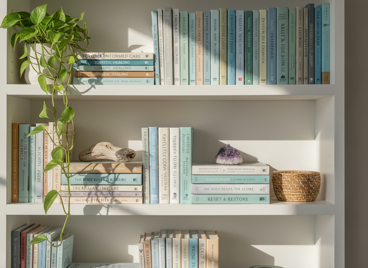 A close-up of a therapist’s resource shelf with no humans: rows of neatly aligned books on trauma-informed care, somatic therapy, and mindfulness, their spines in soft blues, greens, and neutrals, are interspersed with small natural objects like smooth driftwood, a cluster of amethyst, and a tiny woven basket. A trailing pothos plant cascades from an upper shelf, leaves catching soft coastal daylight. The shelf is matte white, against a pale sand-colored wall. Gentle mid-morning light creates subtle shadows and a sense of depth. Photographic realism, eye-level composition with moderate depth of field, conveying professionalism, depth of knowledge, and warm, grounded holistic practice.