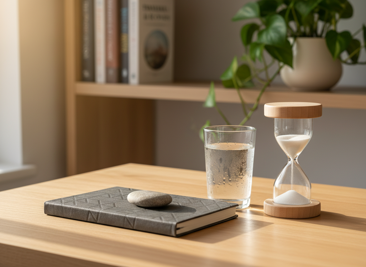 A neatly arranged holistic counselling desk scene with no humans present: a smooth ash-wood desktop holds a closed, textured grey notebook, a small polished river stone resting on top, and a clear glass of water with condensation beads. Nearby, a simple sand timer with fine white sand is mid-flow. In the background, soft-focus shelves display a few carefully chosen psychology and mindfulness books alongside a trailing green plant. Diffused morning light from an unseen window bathes the scene, creating soft reflections and minimal shadows. Photographic realism, slightly elevated angle, balanced composition, serene and professional atmosphere that communicates clarity, organization, and gentle nervous-system awareness.