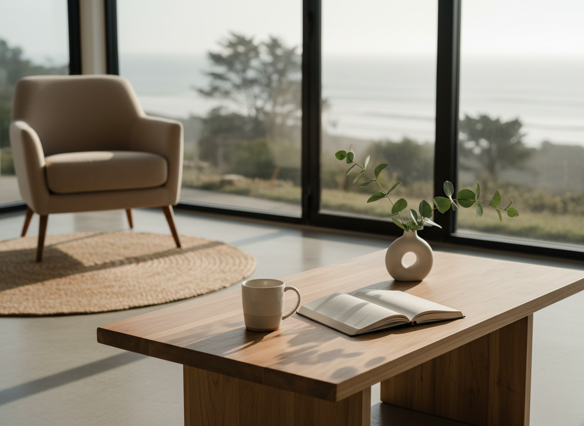 A sunlit coastal therapy space without any people, featuring a low natural-wood coffee table holding a single pale ceramic mug, an open linen-bound journal, and a small vase with fresh eucalyptus stems. In the background, a soft sand-colored armchair and a woven jute rug sit near a large window overlooking a blurred hint of ocean and trees. Late afternoon natural light pours in, creating gentle highlights on the wood grain and soft shadows along the floor. Photographic realism, eye-level composition with a shallow depth of field, calm and inviting mood, clean and modern aesthetic that conveys safety, ease, and grounded holistic support.