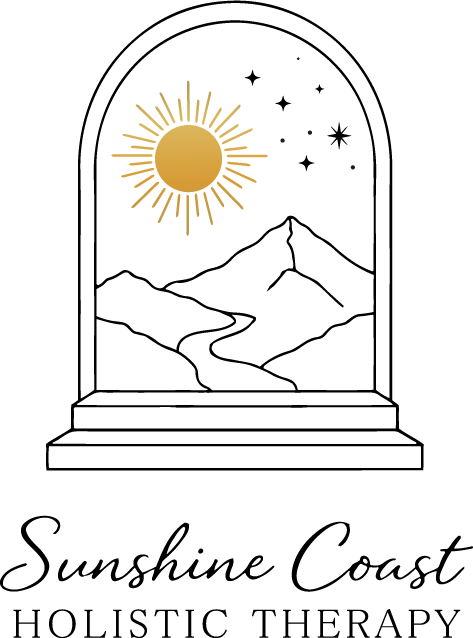 Sunshine Coast Holistic Therapy logo. A black line drawing of a mountain and sun against a white background.